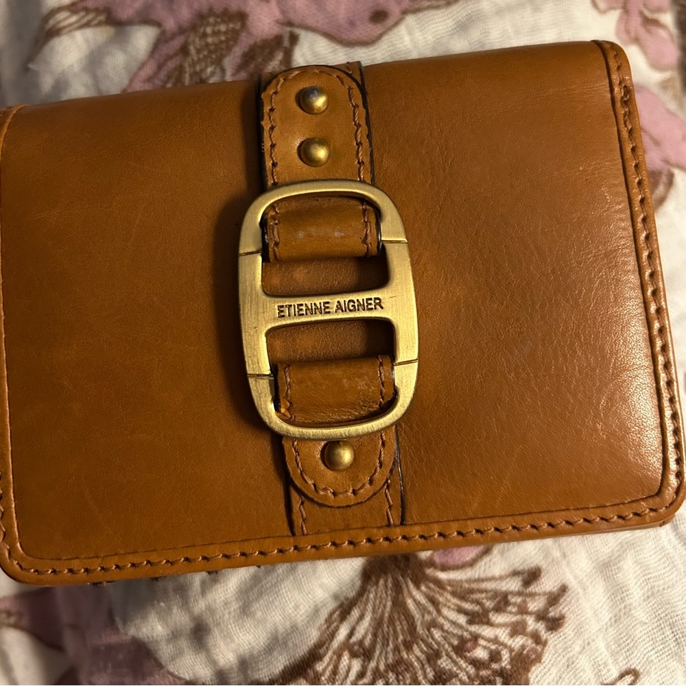 Etienne Aigner Tan Leather Wallet with Gold Buckle